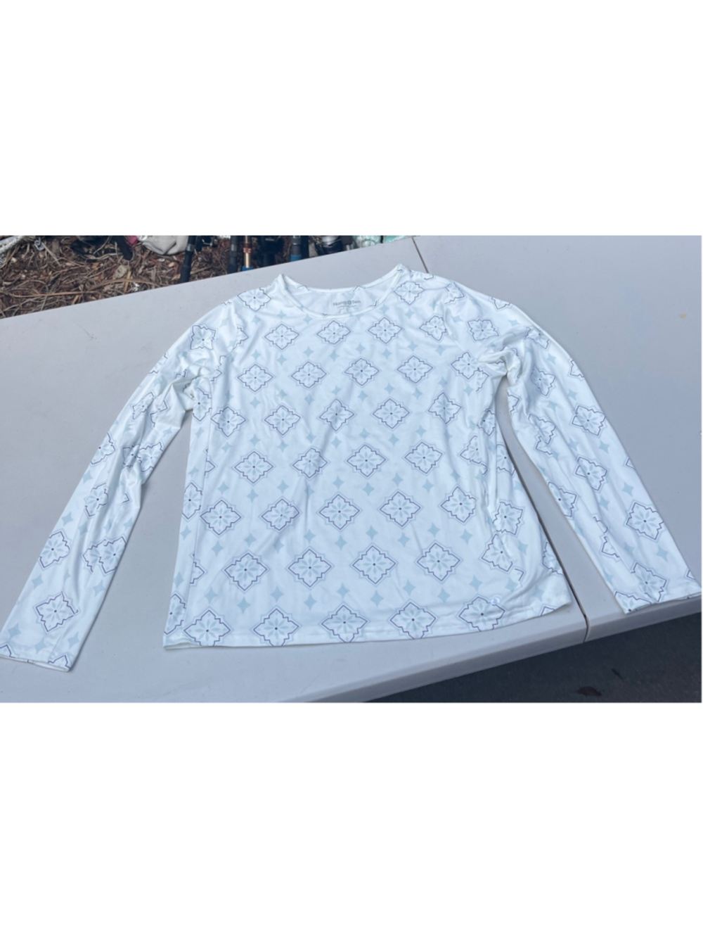 Women's Hang Ten White Blue Patterned Long Sleeve Rashguard L